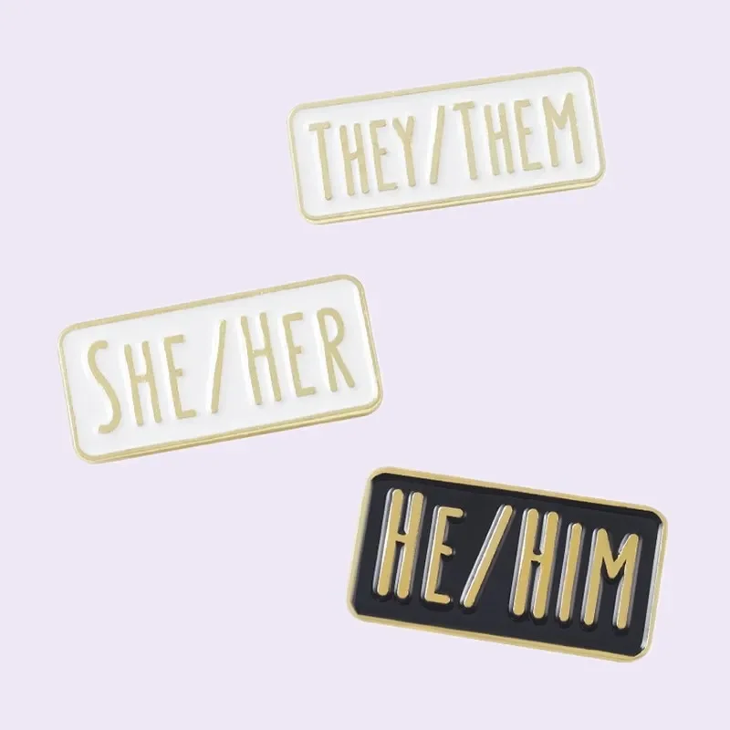 Square Black White Enamel Pin Pronoun They/Them He/Him She /Her Gold Color Letter Badge Lapel Metal Denim Jewelry Gift Wholesale