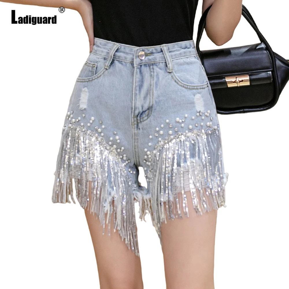 Ladiguard 2022 Sexy Fashion Shredded Denim Shorts Women's Pearl Beading Short Jeans High Cut Ladies Vintage Tassel Hotpants