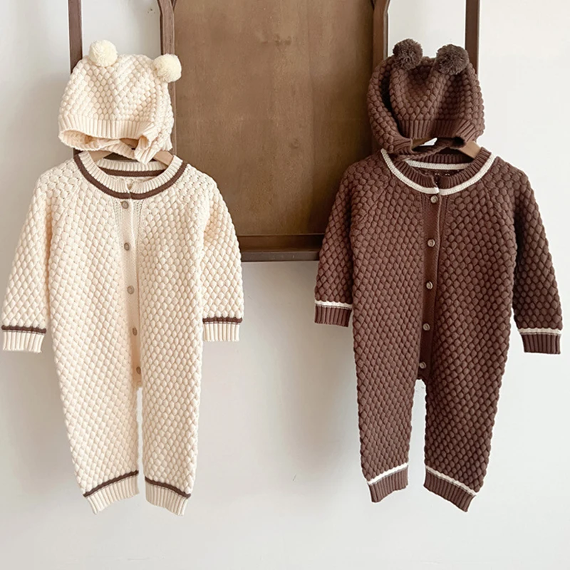 Autumn Knitted Toddler Infant Outfit Baby Rompers Clothes Winter Long Sleeve Knitted Newborn Boy Girl Cotton Jumpsuits Hats Sets