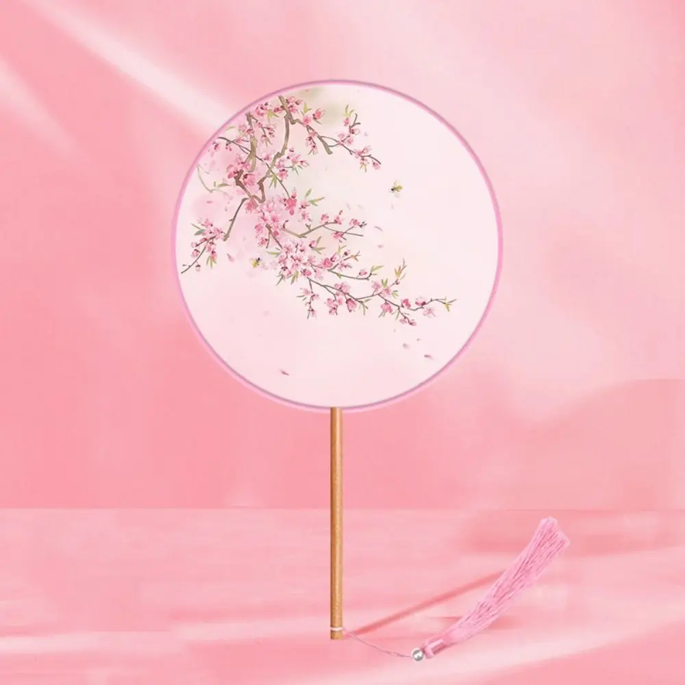Chinese Style Round Hand Fan Ink Painting Long Handle Dance Silk Fan with Tassel Ancient Embroidery Fan for Hanfu