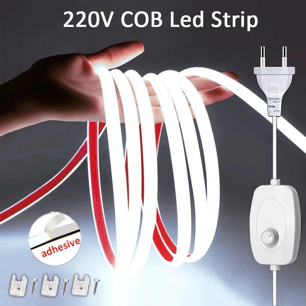 

Светодиодные ленты 220 В с диммером IP65 Водонепроницаемая светодиодная лента COB с самоклеющейся гибкой лентой для наружного освещения комнаты