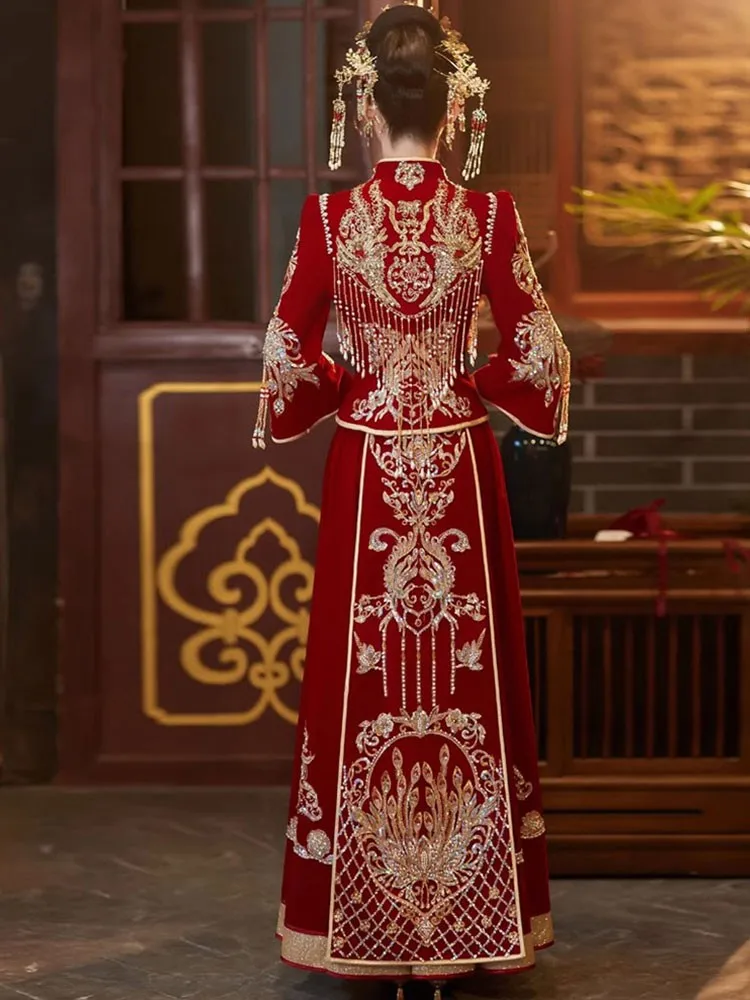 New Chinese-style wedding dress for toasting small-sized velvet