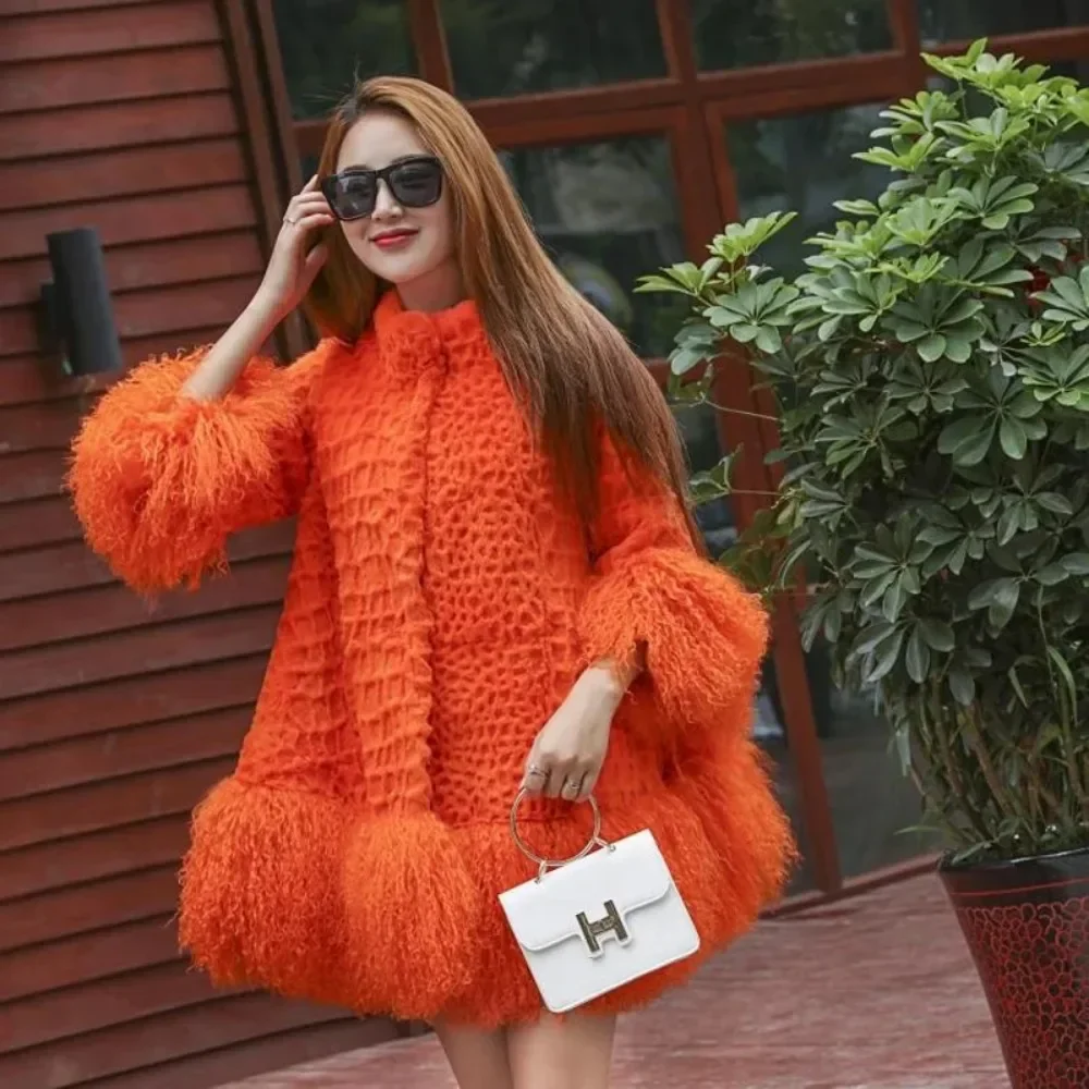 New Fur Jacket Sheep Fur Coat Sleeve Hem Ladies Europen America Fashion Women Mongolia Loose Outwear Genuine Fur Coat Fashion