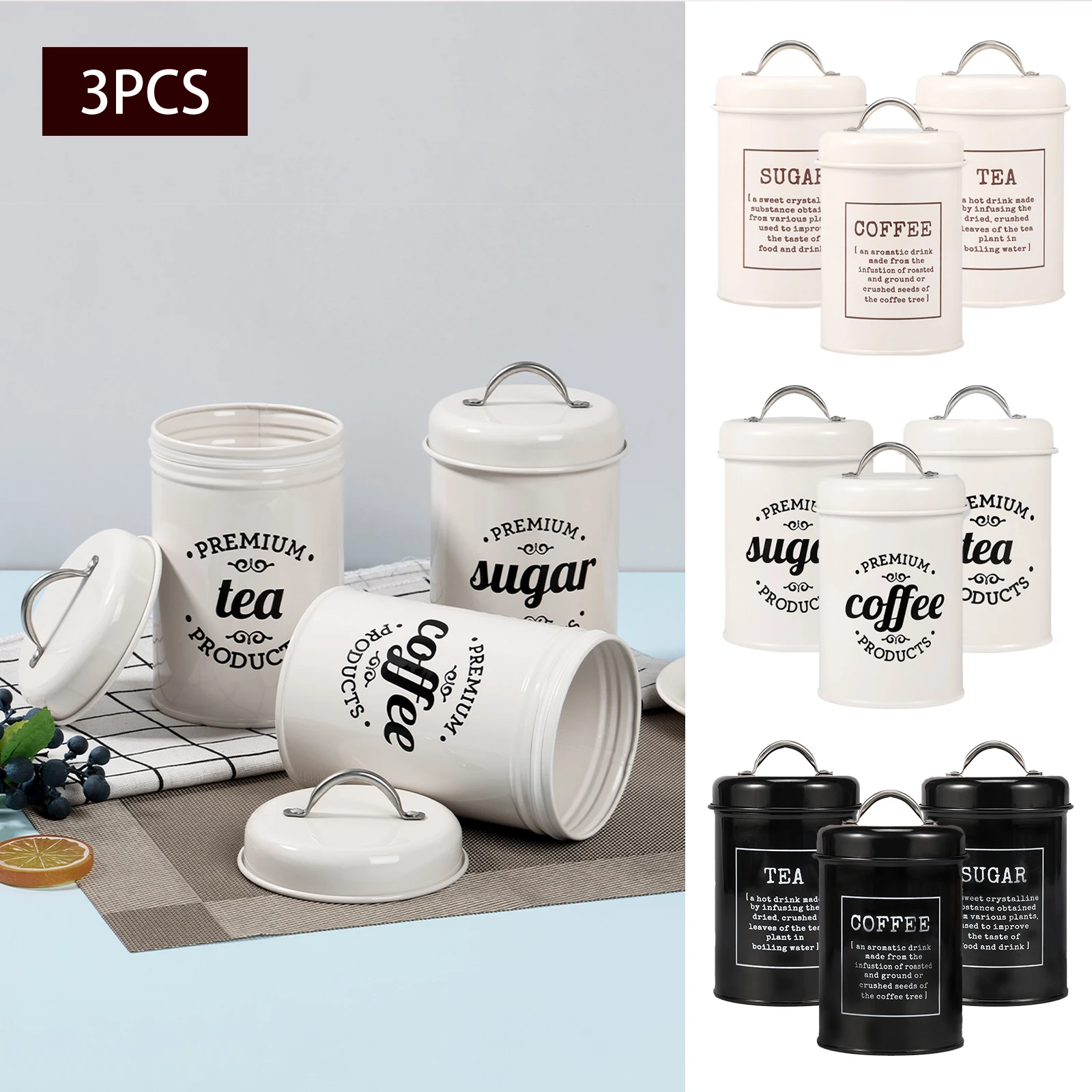 3Pcs Tea Coffee Sugar Canisters Set Space Saving Food Storage Jars Canisters Tea Organizer Airtight Coffee Container for Home