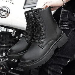 Men High Top Boots Fashion Motorcycle Boots Casual Leather Boots for Men Waterproof Work Boot Lace Up Platform Boot Botas Hombre