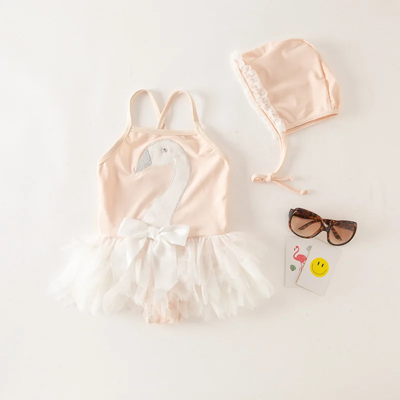Girls Pink Swimsuit Swan Mesh Dress with Hat Trim Detachable Child Hot Spring Bathing Suit 2pcs Set Toddler Cute Summer Swimwear