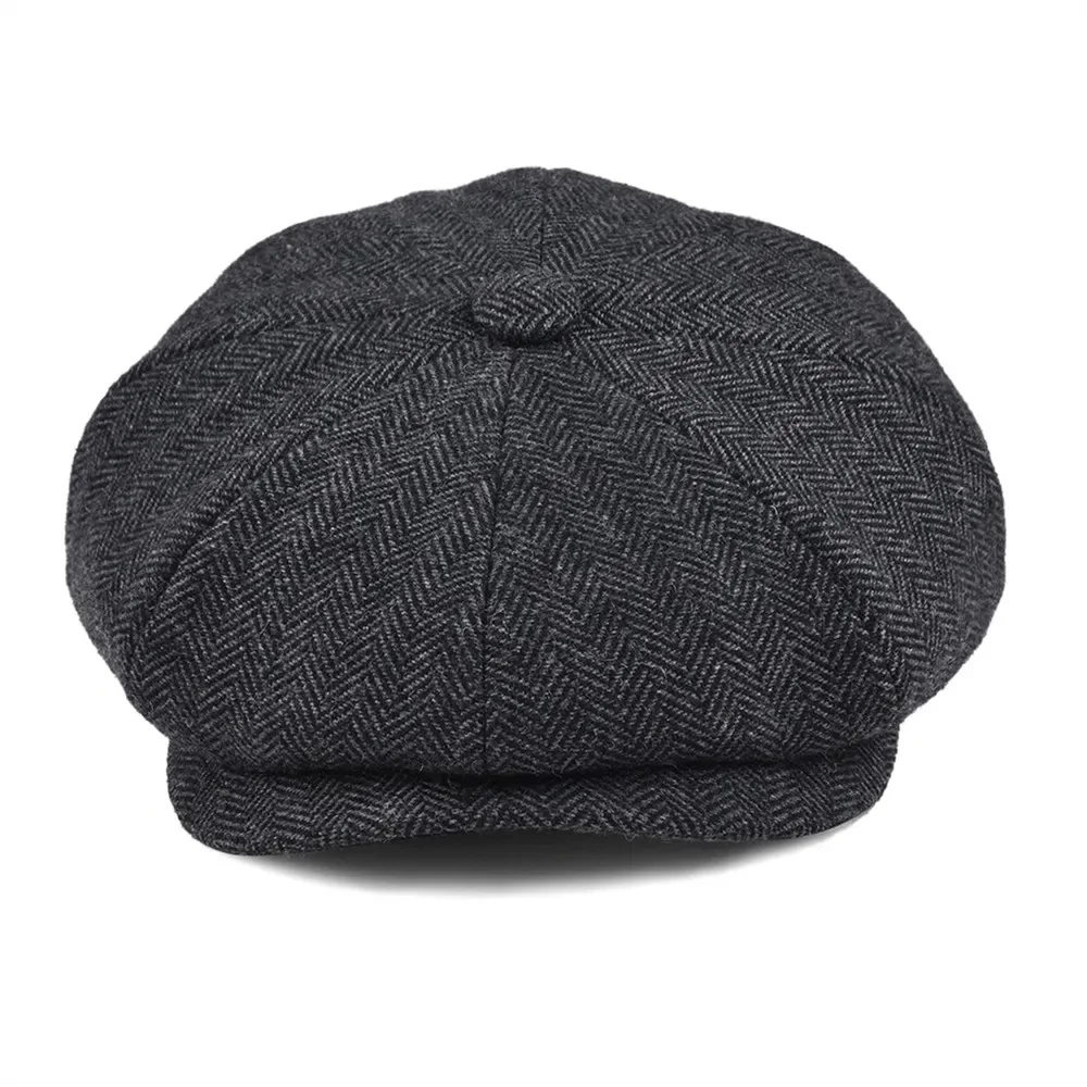 

Tweed Wool 8 Panel Black Herringbone Newsboy Cap Men Classic 8-Quarter Panel Style Flat Caps Women Beret Hat