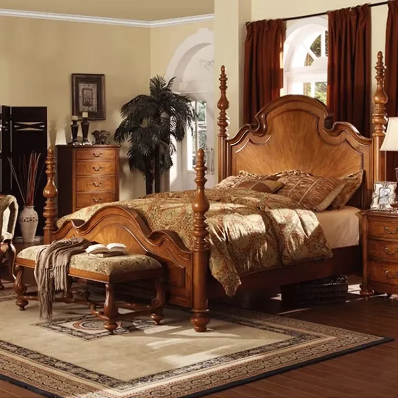 Factory-direct Solid Wood Bed and Bedroom Furniture Set American-style King-size Bed Suitable for Homes, Villas, and Hotels