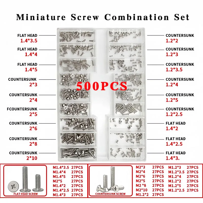 500 PCS Miniature Screw Combination Set Nut Screwdriver Glasses,Watch,Laptop Maintenance Accessories Watch Cover Repair Screws