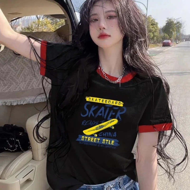

Youth Contrast Patchwork Plus Size Korean Tops Summer New Sweet Print Loose Street Casual T Shirts Fashion Trend Women Clothing