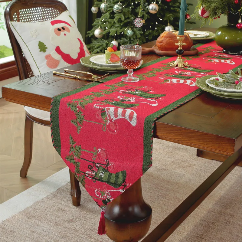 

Yarn-Dyed Jacquard Christmas Snowman Table Runner, Bed End Decoration Cover Cloth, Poly-Cotton Dining Table Decor for Holiday Pa