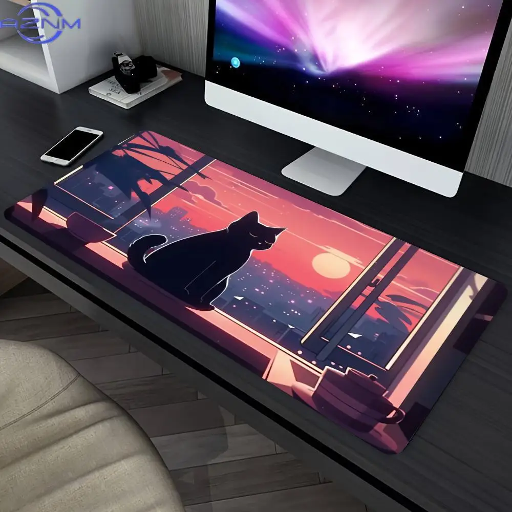 Sunset Black Cat Gaming Mouse Pad Large Extended Desk Mat Non-slip Keyboard Mat for Gamer Office Computer Laptop Gaming Mousepad