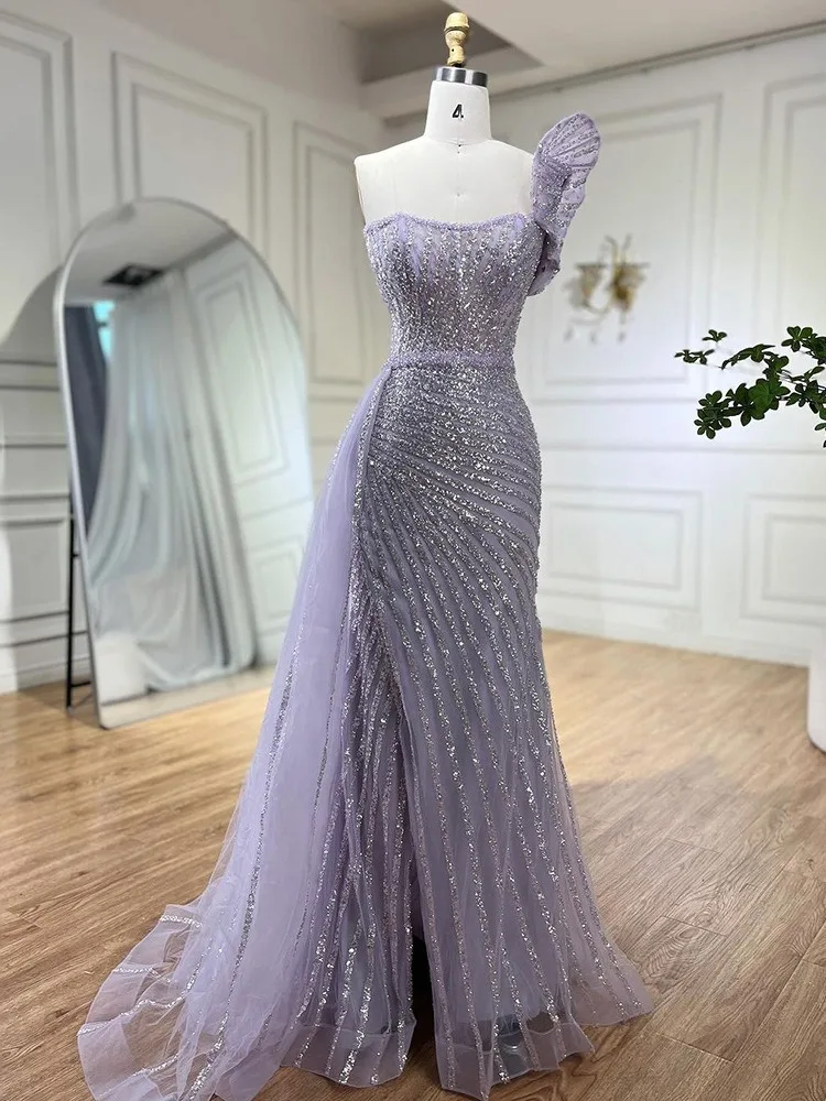 Lilac Purple Hand-beaded One-shoulder Sleeveless Fishtail Banquet Elegant Temperament Dress Wedding Dress