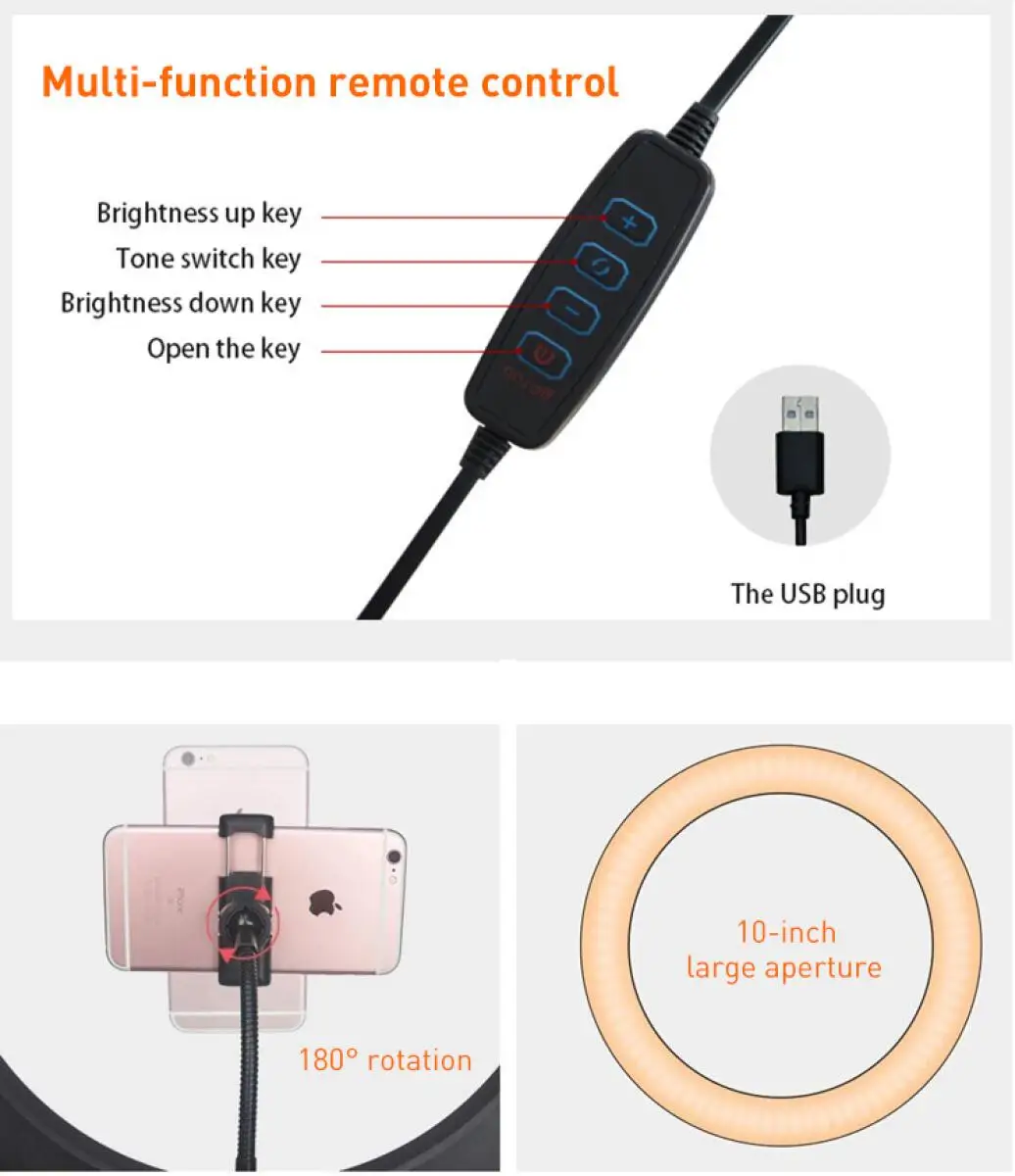 Lampu Selfie LED Ring 26cm 10 inci, Kit Pencahayaan Fotografi dengan Peredupan, Lampu Isi Ulang USB dengan Tripod untuk Video Langsung, 120 Lampu LED