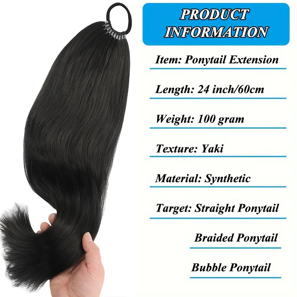 24 Inch Straight Ponytail With Elastic Band Synthetic Ponytail Extension Wrap Around Heat Resistant Pony Tail for Women image 3