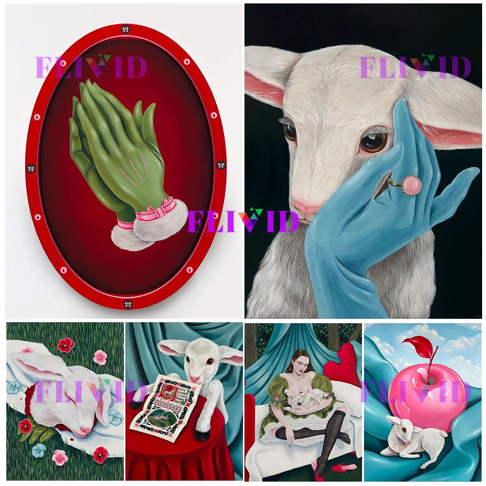 سريالية نمط لطيف الحيوانات خروف ، أرنب ، الأيدي الصلاة ، الفاكهة الرسم على لوحات القماش الجدارية الملونة ملصق فني طباعة للديكور المنزل