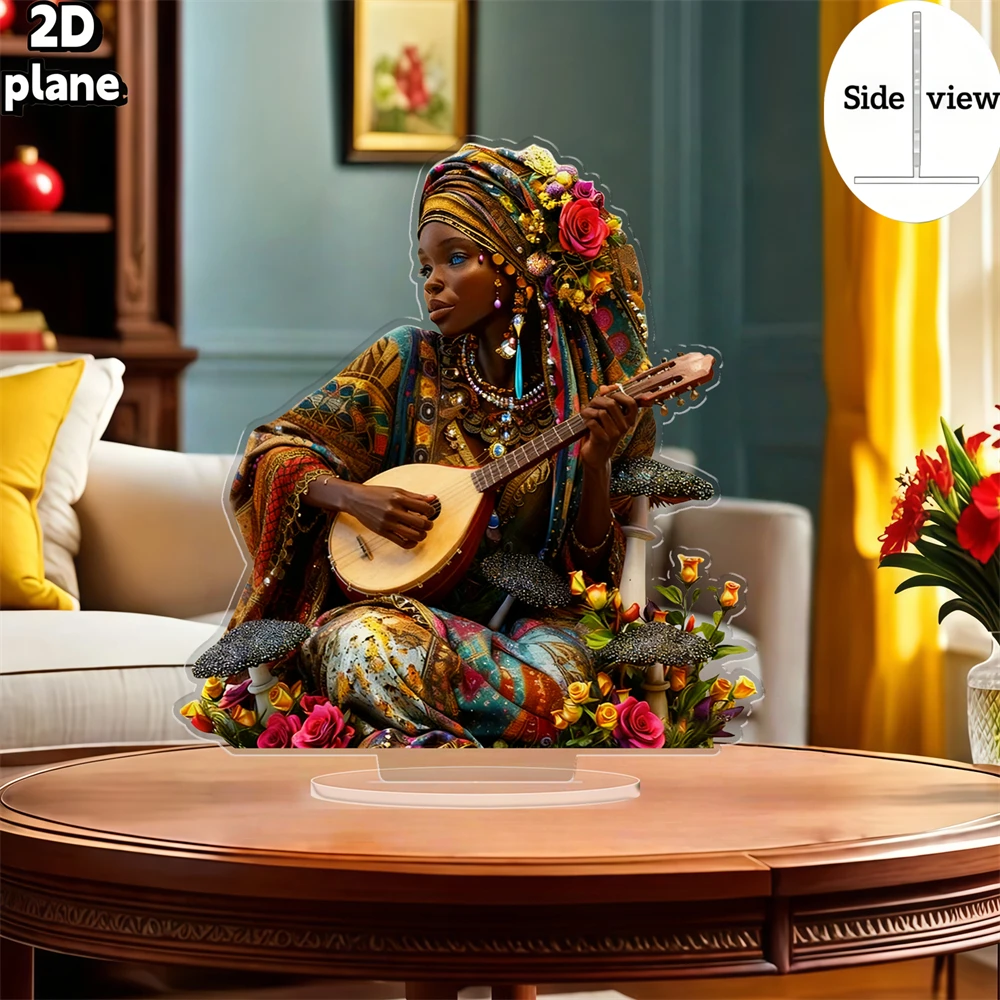 2D Flat, 1pc, African Ethnic Style Musical Instrument Girl Figure, 7.87inch X 7.09inch, Desktop Decoration, Traditional Cultural