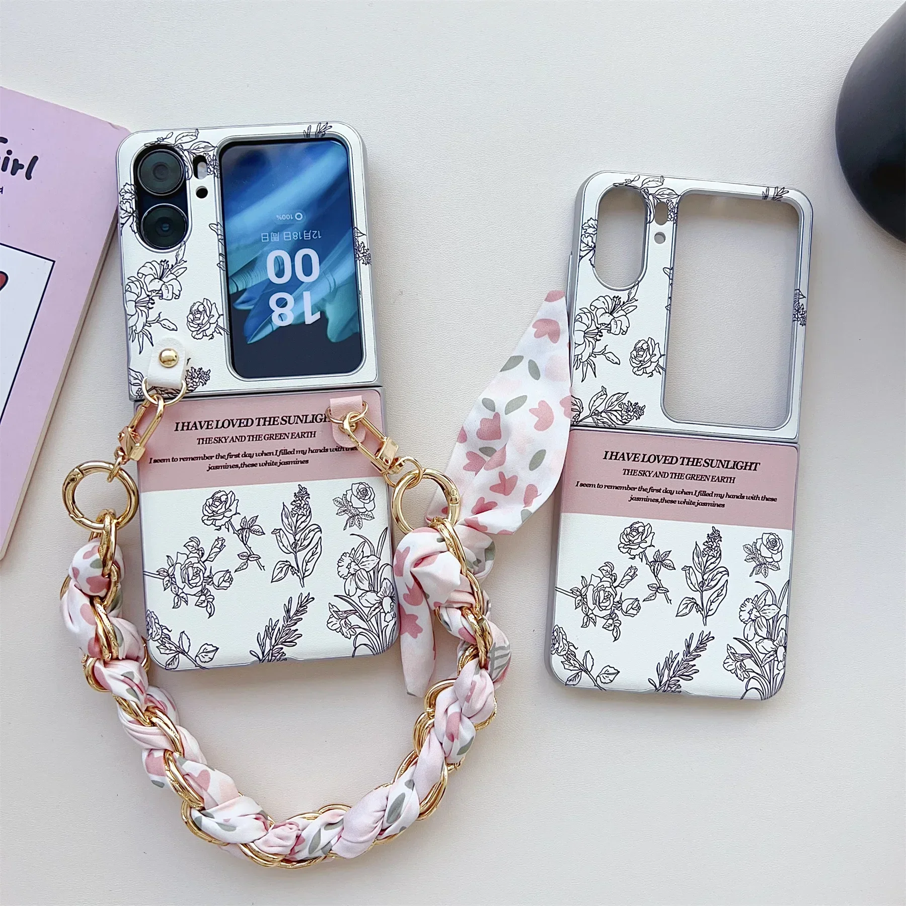 Fashion Korean Sketching Flower Leather Scarf Handheld Wrist Strap Case for OPPO Find N2 FLIP Find N3 Flip Shockproof Back Cover