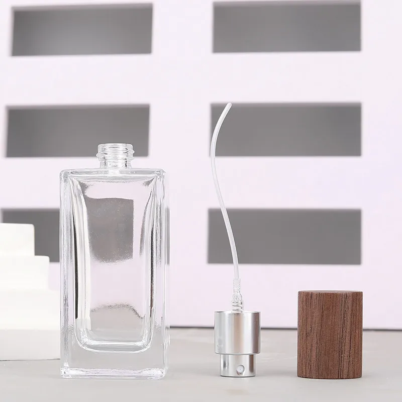 30 ml 50 ml Nachfüllbare Kosmetikbehälter Parfüm Leeres Glas Tragbare Reise Flache Quadratische Sprühflasche Ersatz Holzdeckel – Detail 5