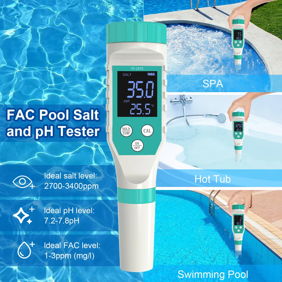 Testeur De Salinité Piscine 6 En 1 - PH ORP TDS EC Température - Appareil Numérique Avec Solution Étalonnage