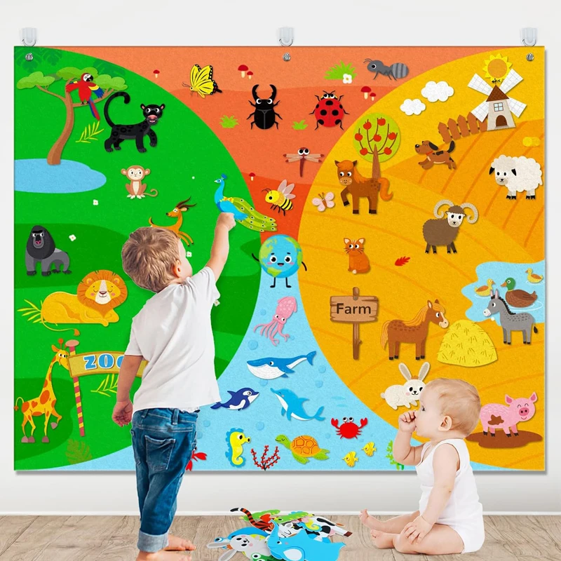 Farm Animals Felt Story Busy Board 4 IN 1 Themed Storytelling Farm Sea Zoo Vehicle Early Learning Interactive Wall Hanging Gifts