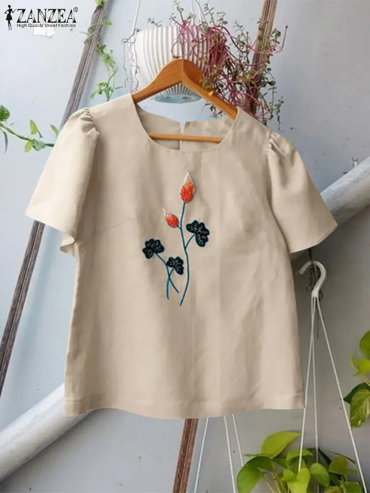 ZANZEA Women Casual Everyday Blouses Fashion Floral Embroidery Short Puff Sleeve O Neck Blusas 2024 Summer Holiday Commute Tops