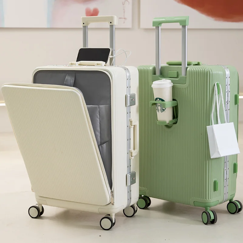 New Fashion Rolling Luggage PC Aluminum Frame Multifunctional Opening Front Suitcase on Wheels Trolley USB Charging Zipper