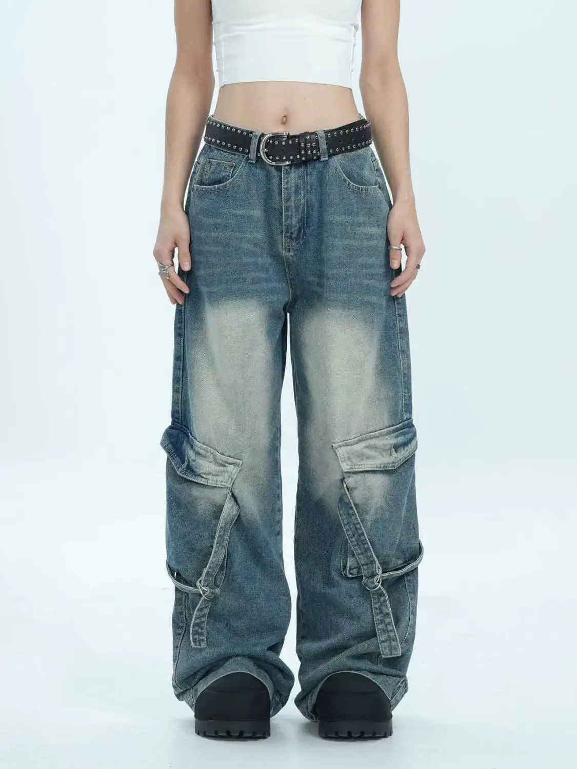 

Women's Blue Large Pocket Jeans Y2K Japanese Harajuku High Street Aesthetic Retro Loose Wide Leg Cowboy Pants Clothing 2025 New