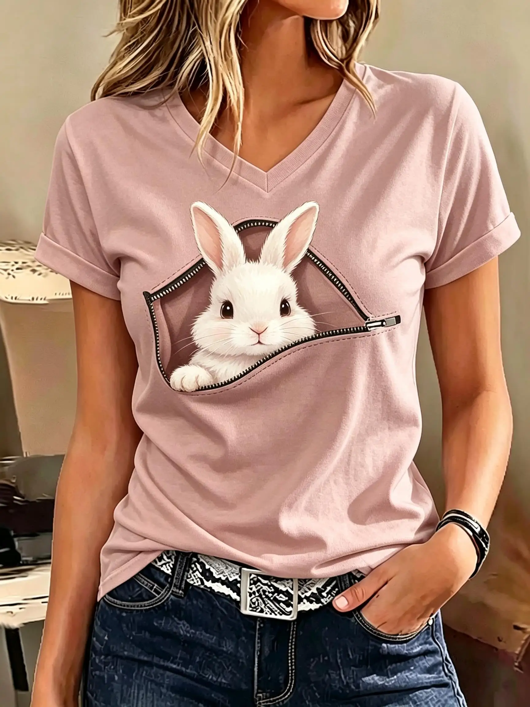 Women V‑Neck Short Sleeve T‑Shirt Cute Animal Zipper Pocket Illusion Print Funny Casual Daily Tee Top