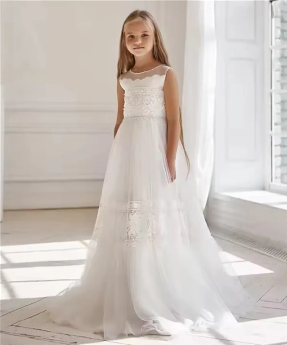 

Cute Flower Girl Wedding Dress A-line Lace Beading Princess Birthday Party Dress First Communion Gown