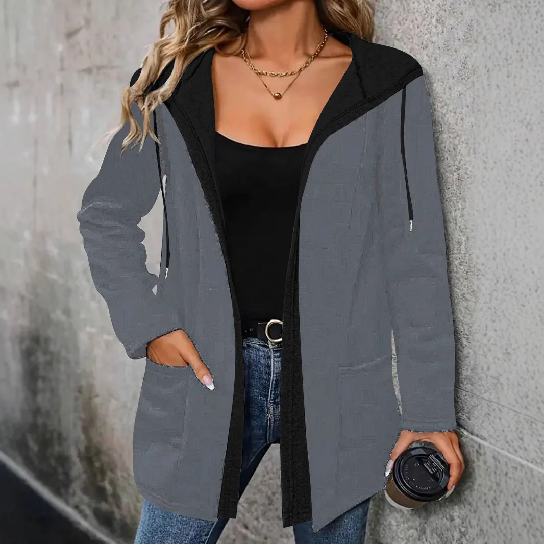 Europeu e americano transfronteiriço outono e inverno nova moda casual feminina emenda contraste cardigan moletom com capuz