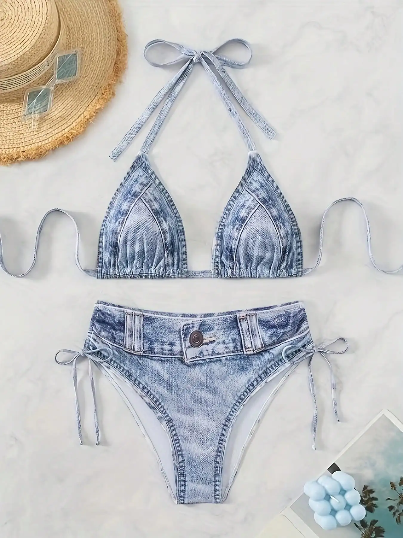 Light Wash Denim Print Halter Triangle Side Tie Bikini Set
