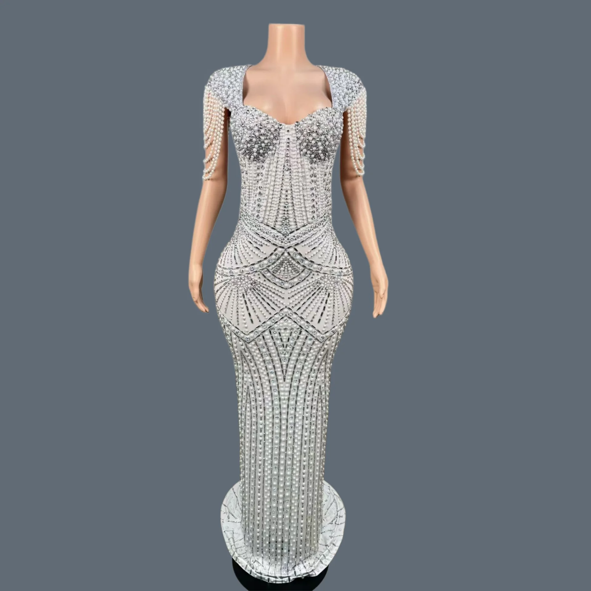 

Women Sparkly Crystals Pearls High-end Sexy White Evening Gown Party Outfit Gala Prom Red Carpet Elegant Formal Dress Shengmu