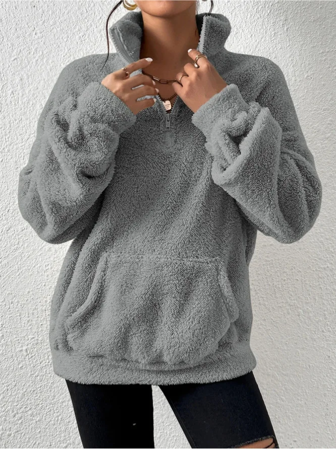 2026 Herbst Winter Mode Damen Samt-Hoodie Einfarbig Verdickter Plüsch-Pullover mit Großer Tasche Warmer Langarm-Damen-Sweatshirt – Detail 10