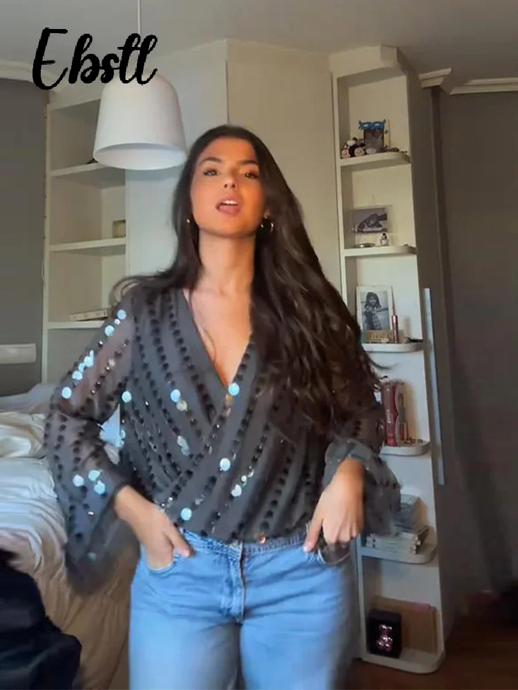 Combinaisons Sexy à paillettes et col en v pour femmes, body à manches évasées, à la mode, brillant, assorti avec tout, nouvelle collection printemps 2026