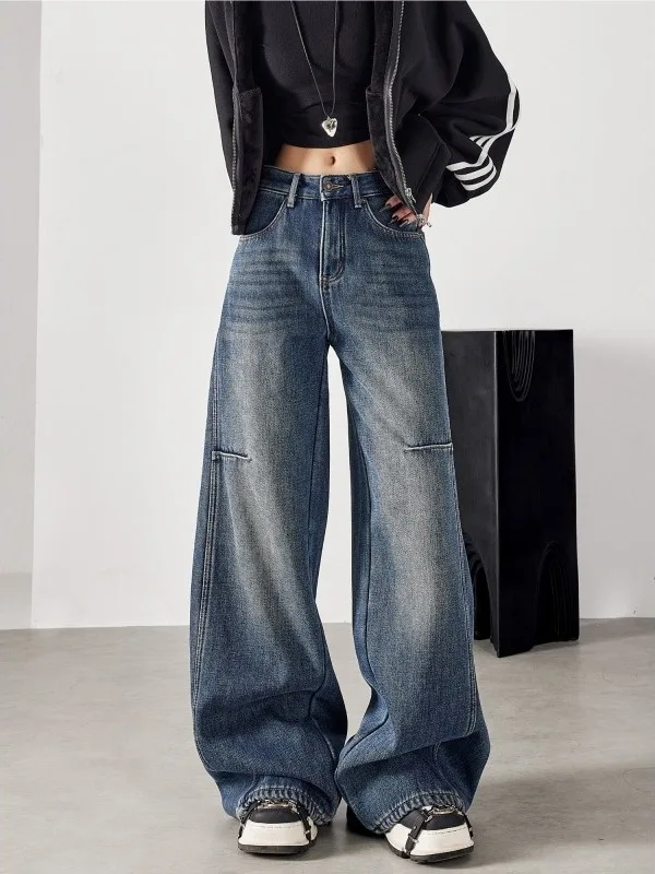 American Style High Waist Wide Leg Jeans Women's plus Size Casual Floor Length Pants Loose Fit Korean Version