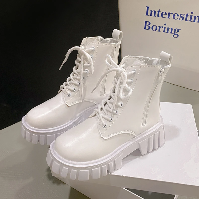 2024 White New Women Ankle Boots Autumn Winter Platform Zipper Women Punk Boots Thick Sole Lace Up Combat Booties Female Mujer