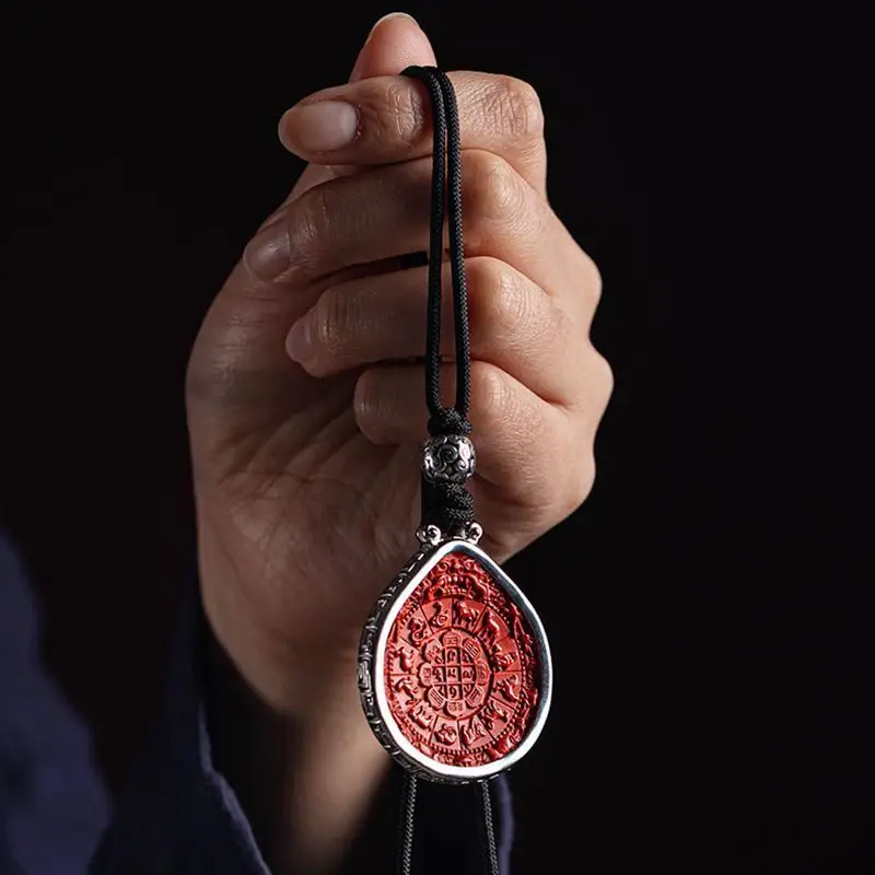 Chinese Feng Shui Auspicious Cinnabar Nine Palaces Bagua Pendant S925 Silver Inlaid Luck Blessing Fortune Attracting Unisex Zodi