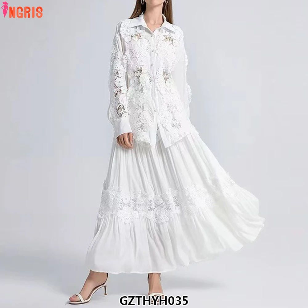 

2025 New Premium Lace Patchwork Shirt With Lantern Sleeves + High-Waisted Shorts Two Piece Set Ladies-GZTHYH035