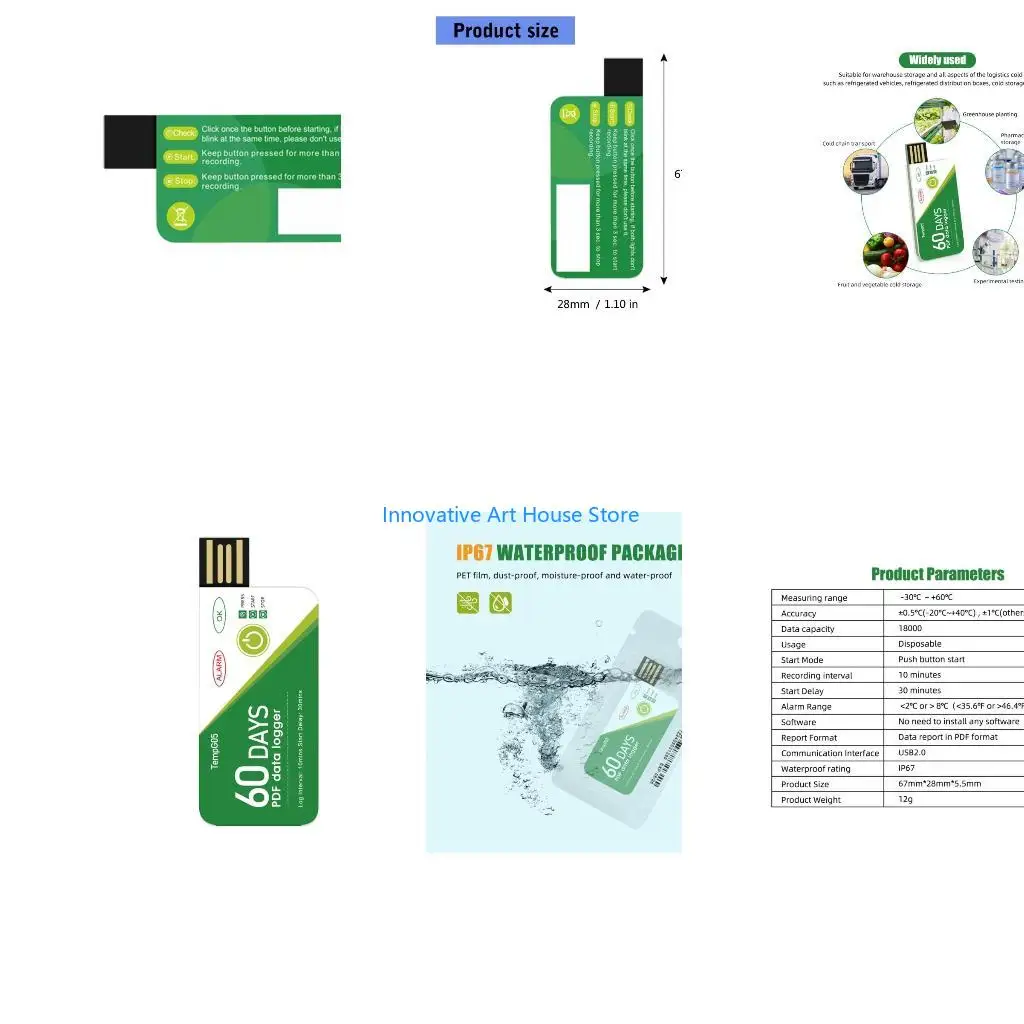 E1PC Single Use Temperature Data Logger USB 60 Days Recording for Cold Chain Transport&Freezer Storage, Long Term Monitoring