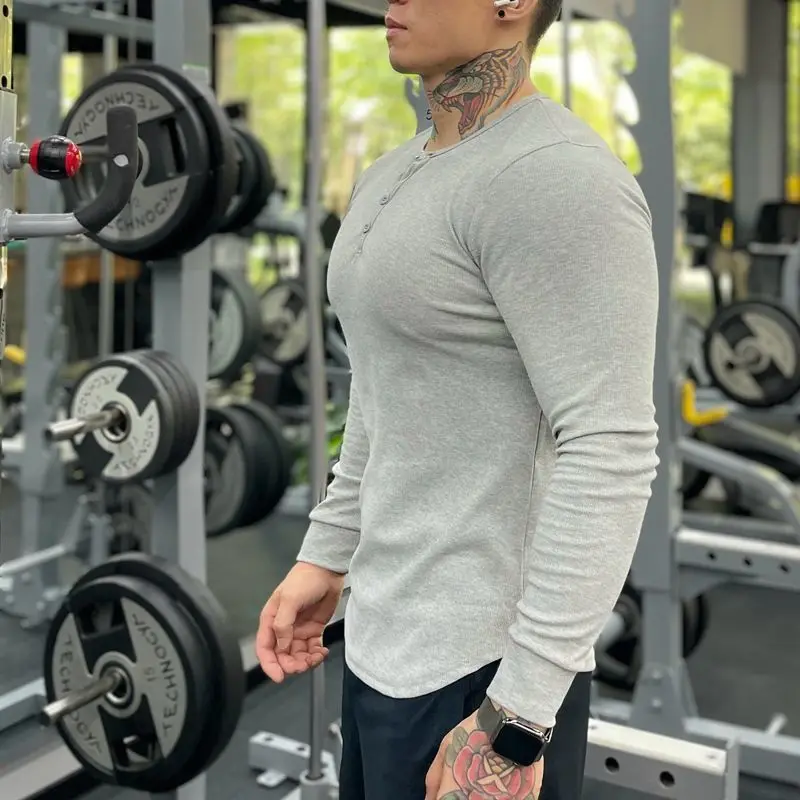 

Men's Clothing Sports High-Elastic Fitness Long Sleeve Cotton Slim T-Shirt Henry Collar Base Shirt Comfortable Breathable