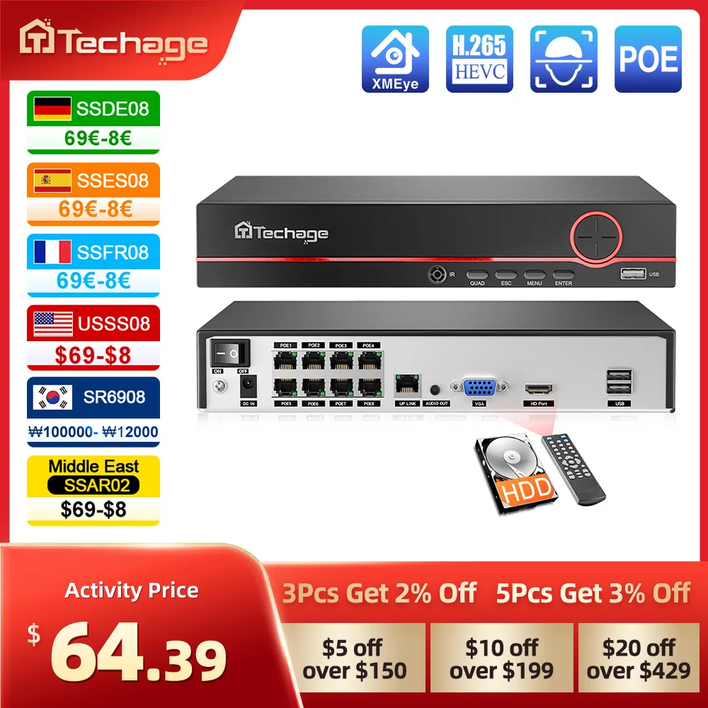 Techage 8CH H.265 4K/8MP/5MP POE NVR กล้องวงจรปิดระบบเฝ้าระวังความปลอดภัยสําหรับกล้อง IP POE กล้องเครือข่าย VCR สนับสนุนสูงสุด 14TB