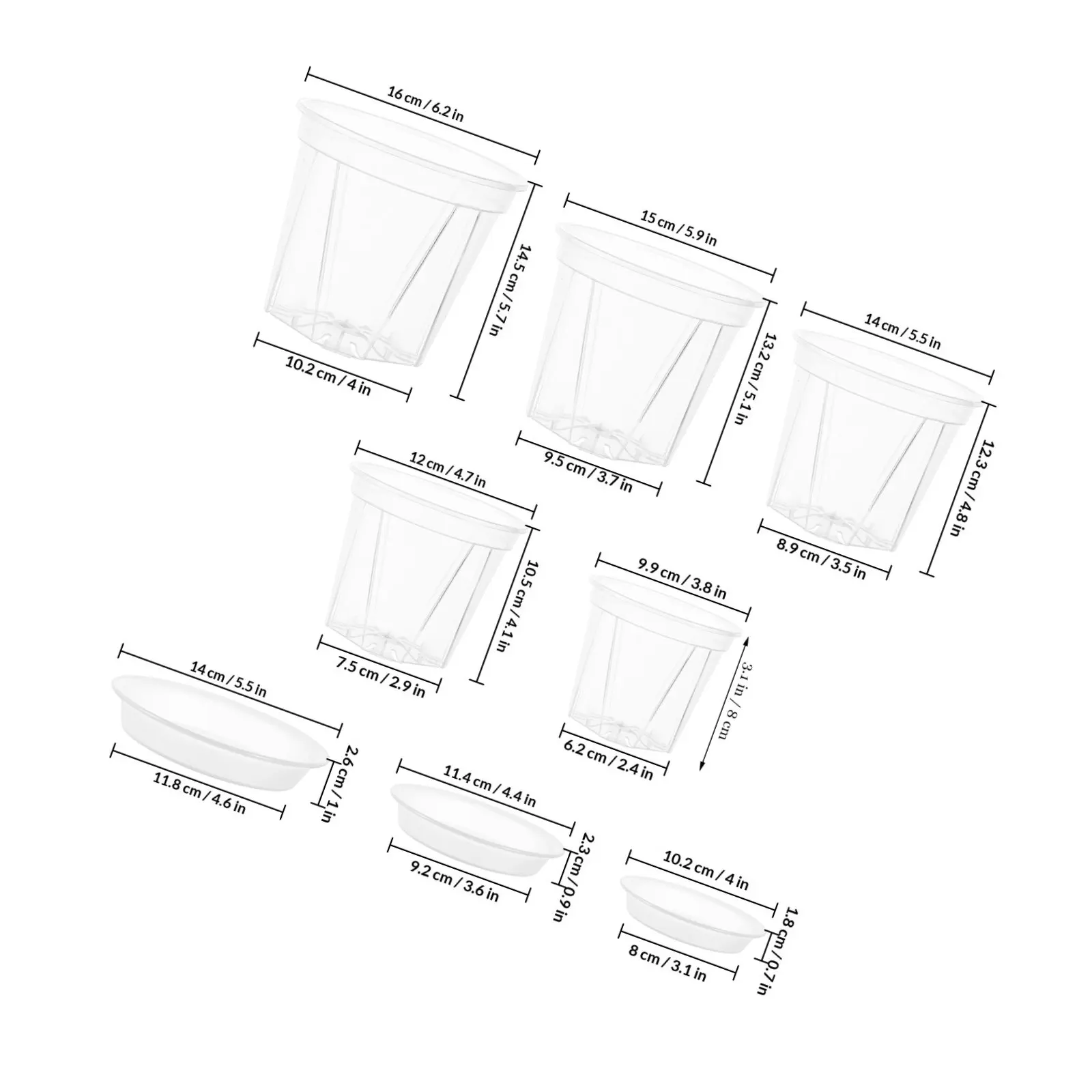 5Pcs Clear Plant Pots for Indoor Outdoor Plants Transparent Nursery Pots with Bottom Drainage Holes and Water Catch Trays