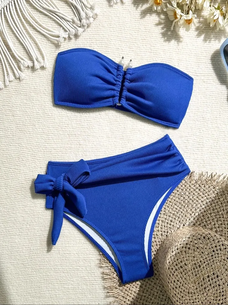 2025 Nowy Damski Seksowny Pomarańczowy Bandeau Metalowy U Drut Push Up Pas Wysoki Stan Bikini Dwuczęściowy Strój Kąpielowy Plaża Wakacje stroje plażowe