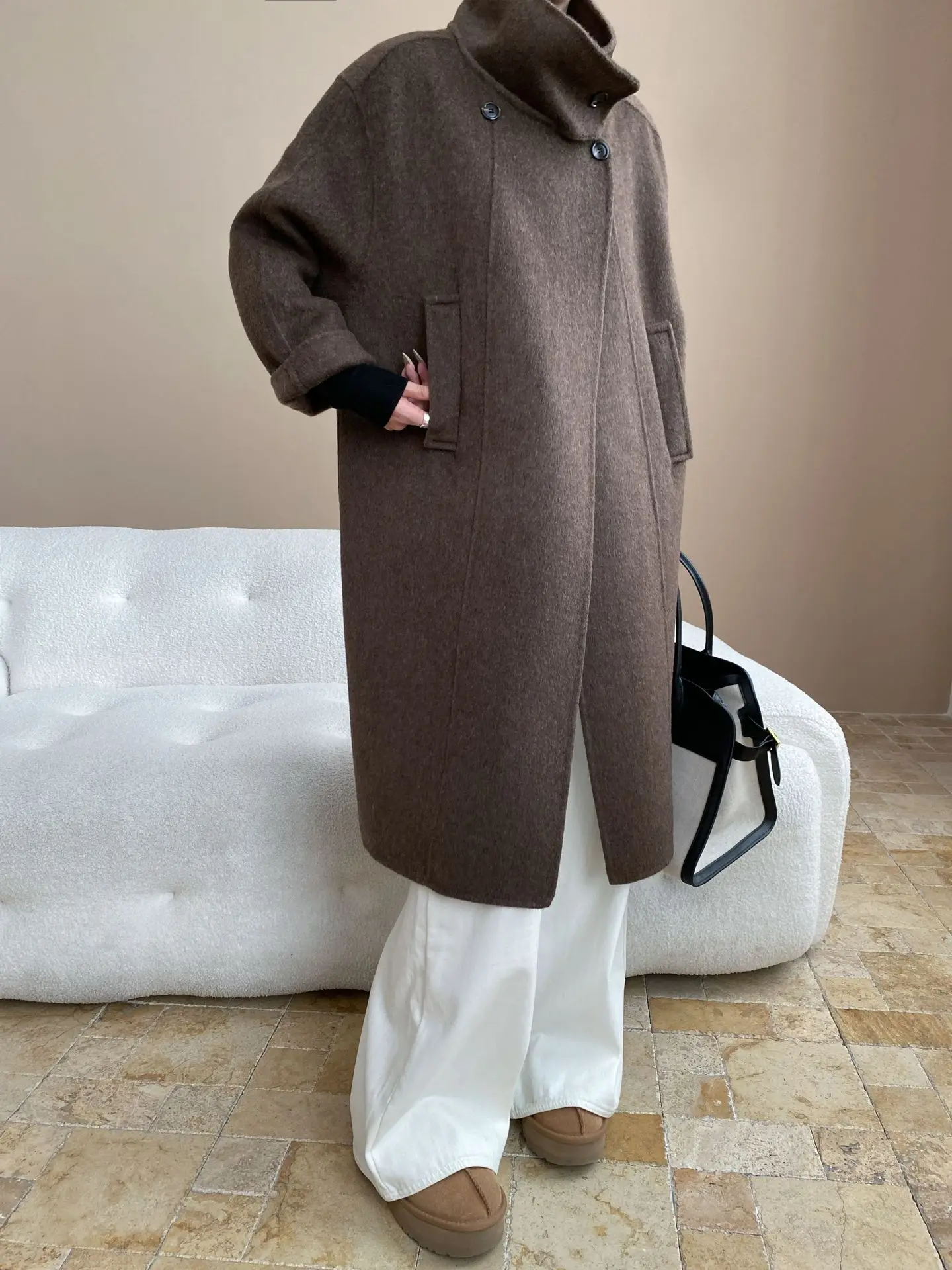 

Модное свободное утягивающее шерстяное двустороннее пальто с воротником из двух частей