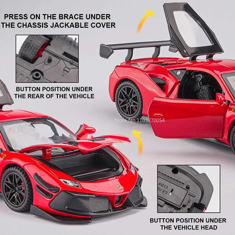 1:32 F488 Modello di auto in lega Pressofuso in metallo Giocattoli Porte del veicolo Aperto Suono Luce Tirare indietro Pneumatico di gomma Giocattolo Decorazione regalo per bambini