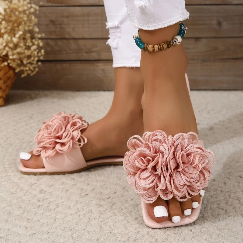 Women\'s Flower Flat Slippers 2023 Summer Plus Size Shoes New Square Toe Slides Shoes for Women Outdoor Casual Ladies Sandals