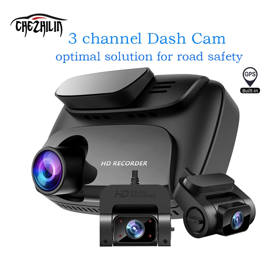 

3 Channel 4K Dash Cam Built-in GPS,4K+1080P Dash Cam Front and Rear,4K+1080P Front Center, 1440P+1080P+1080P Three-Way Car Camer