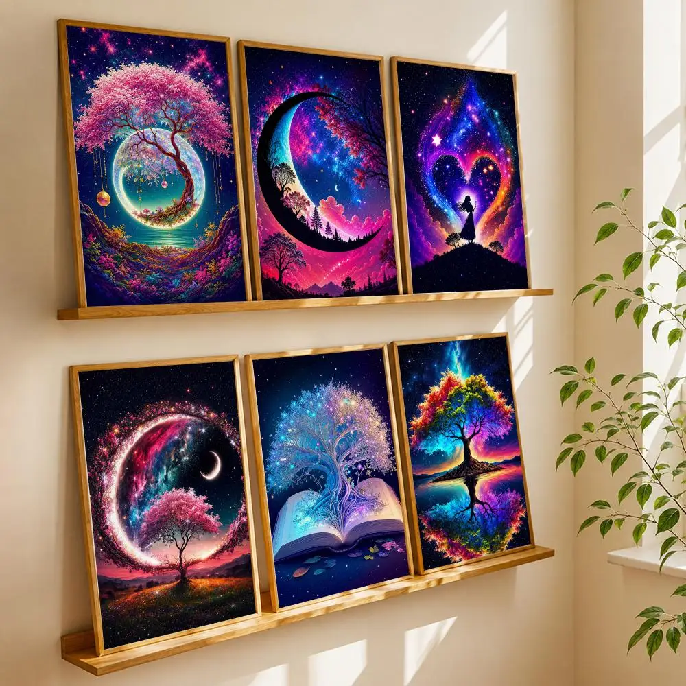 Celestial Sakura Moon Tree Poster HD Wall Art Wall Stickers Home Living Room Bedroom Bar Office Decor Prints