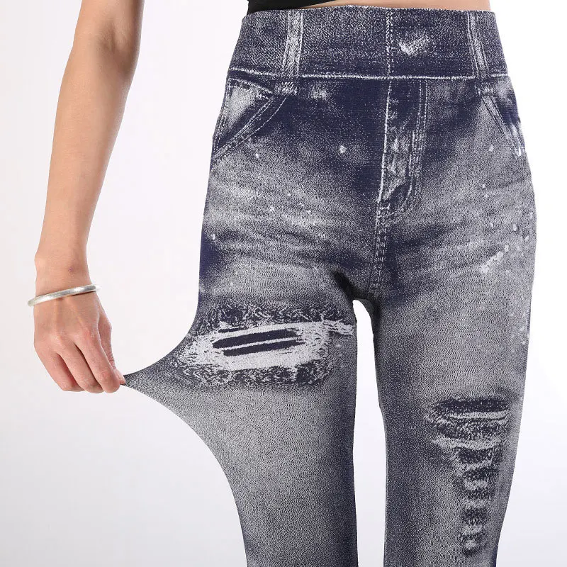 2022 Women Gym Leggings Faux Denim Leggings High Elastic Fake Ripped Jeans Print Leggings Female High Waist Casual Pencil Pants